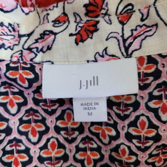 J. Jill Top Womens M Cream and Red Colorblock Print Button Up Cotton Gauzy Sheer - Picture 10 of 11
